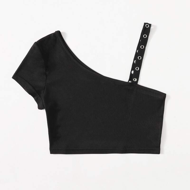 

Solid Grommet Eyelet Crop Top, Black