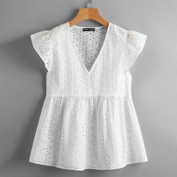 

Eyelet Embroidery V-neck Ruffle Trim Babydoll Blouse, White