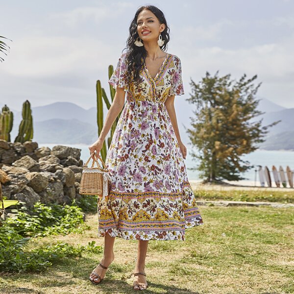 

Floral Print Ruffle Hem Dress, Multicolor