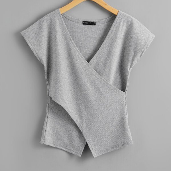 

Criss Cross Front Batwing Sleeve Tee, Grey
