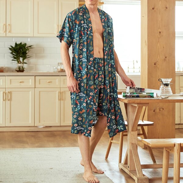 

Men Floral & Letter Graphic Belted PJ Set, Green