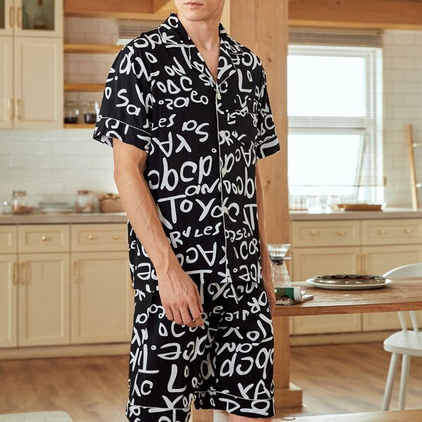 

Men Allover Letter Graphic PJ Set, Black