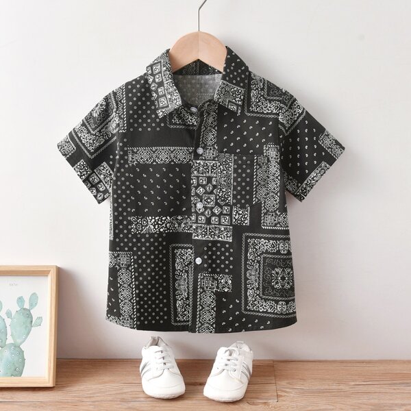 

Toddler Boys Scarf Print Button Front Shirt, Black