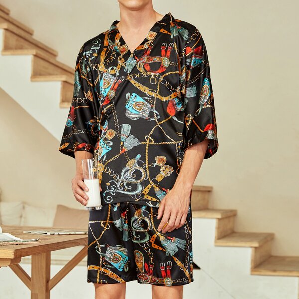 

Men Chain Print Knot Side Satin Lounge Set, Multicolor