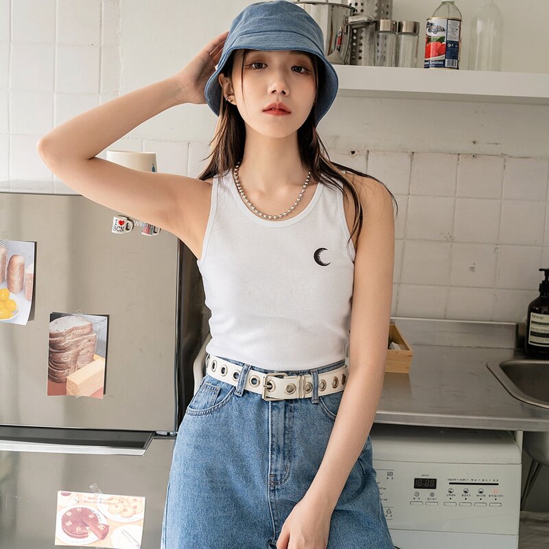 

Moon Print Rib-knit Tank Top, White