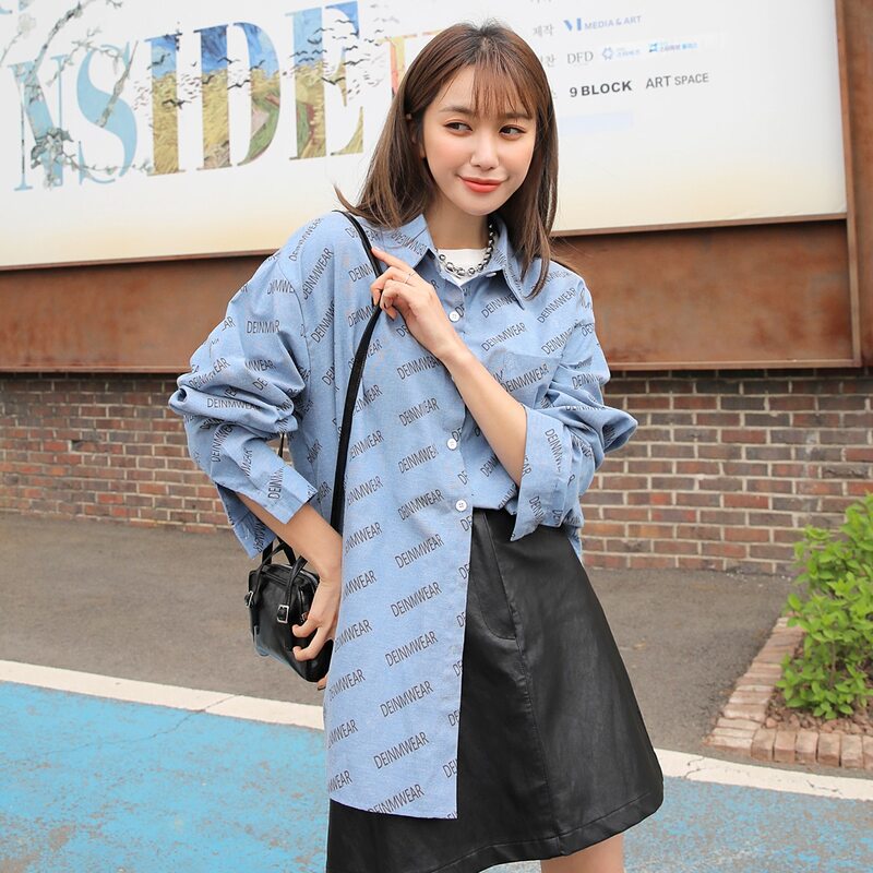 

Allover Letter Graphic Button Up Blouse, Dusty blue