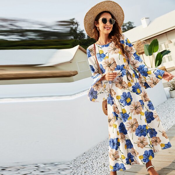 

Flounce Sleeve Allover Floral Belted Dress, Multicolor