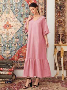Al Najma Batwing Sleeve Ruffle Hem Solid Dress - Dusty Pink - View 1