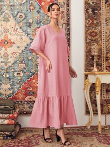 Al Najma Batwing Sleeve Ruffle Hem Solid Dress - Dusty Pink - View 3