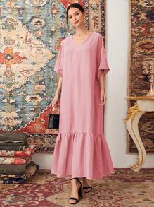 Al Najma Batwing Sleeve Ruffle Hem Solid Dress - Dusty Pink - View 5