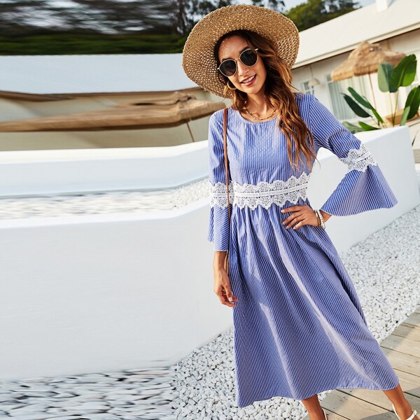 

Contrast Lace Stripe A-line Dress, Blue