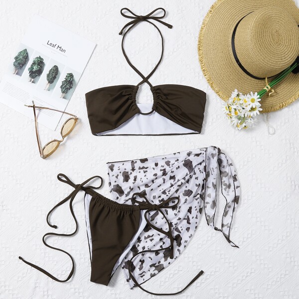 

3pack Cross Halter Bikini Swimsuit & Beach Skirt, Chocolate brown