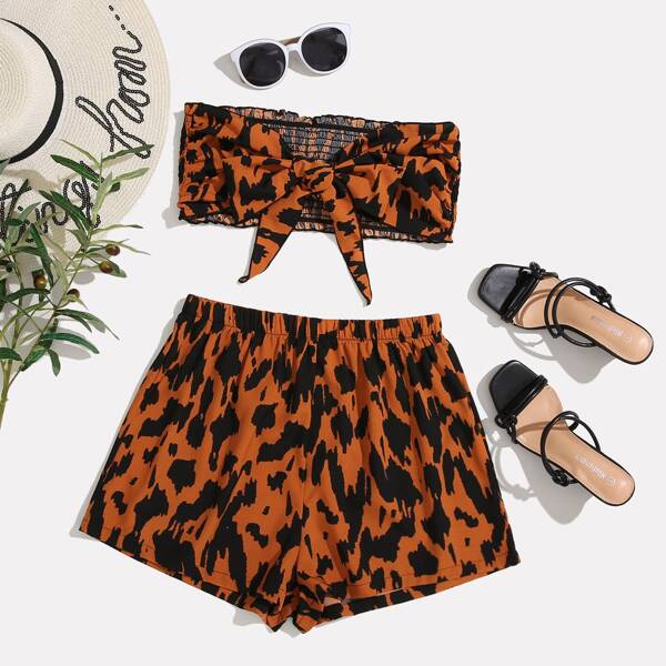 

Allover Print Shirred Knot Crop Tube Top With Shorts, Brown