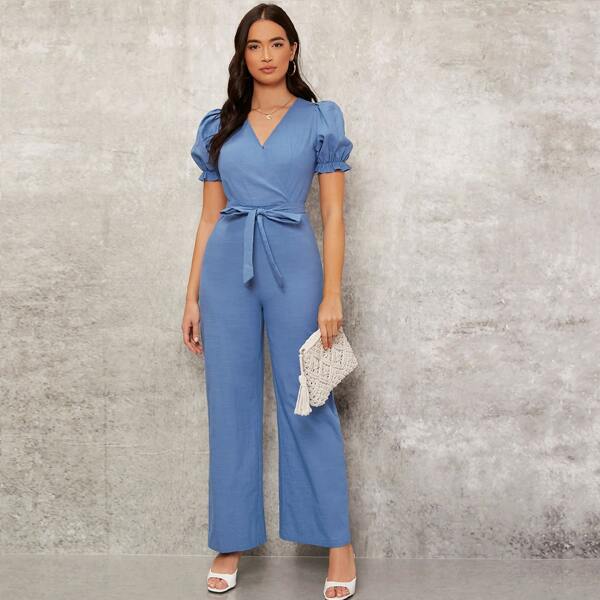 

Ruffle Cuff Puff Sleeve Self Belted Jumpsuit, Blue