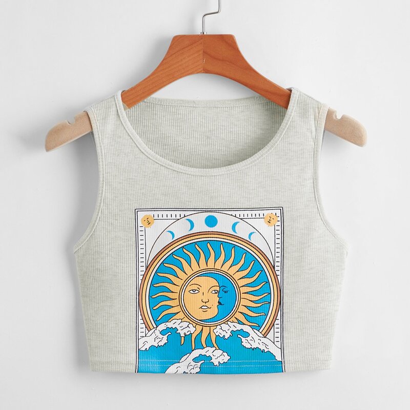 

Sun & Moon Graphic Ribbed Tank Top, Light grey