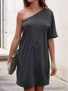 Vestido estilo camiseta de un hombro - Gris Oscuro - Ver 3