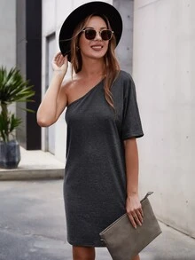 Vestido estilo camiseta de un hombro - Gris Oscuro - Ver 6