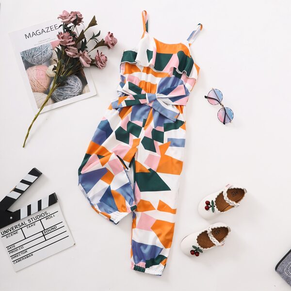 

Toddler Girls Geo Print Belted Cami Jumpsuit, Multicolor