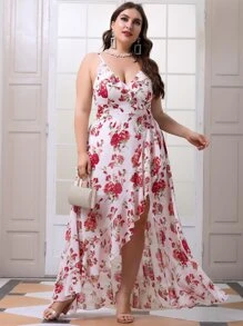 大碼印花腰帶圍裹吊帶洋裝 - 彩色 - 查看 1