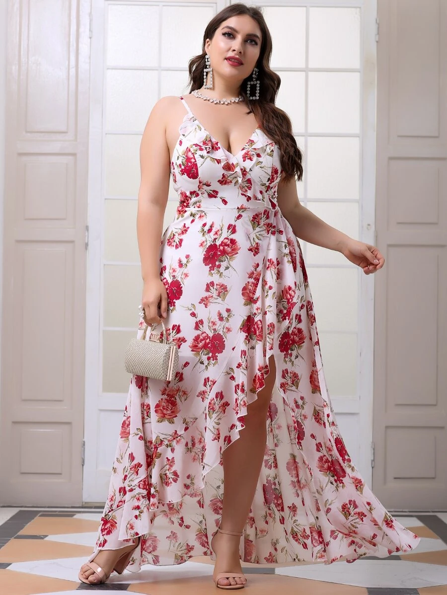 大碼印花腰帶圍裹吊帶洋裝 - 彩色 - 查看 1