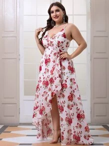 大碼印花腰帶圍裹吊帶洋裝 - 彩色 - 查看 6