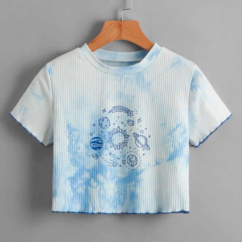 

Planet Graphic Tie Dye Ribbed Tee, Blue and white