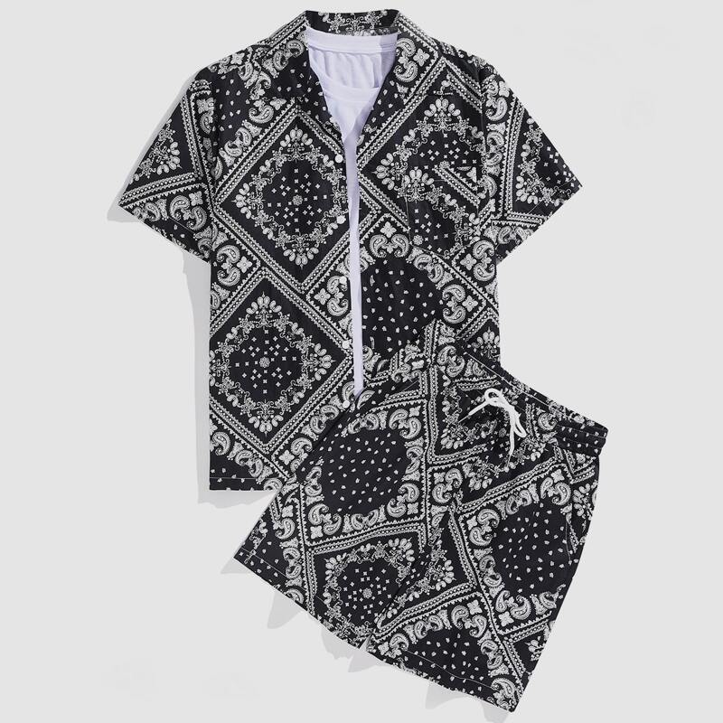 

Guys 2pcs Paisley And Scarf Print Shirt With Shorts, Black and white