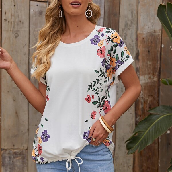 

Botanical Print Cuffed Sleeve Drawstring Hem Tee, White