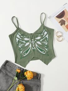 SHEIN ICON 90年代蝴蝶圖案吊帶短上衣 - 軍綠色 - 查看 1