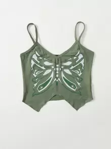 SHEIN ICON 90年代蝴蝶圖案吊帶短上衣 - 軍綠色 - 查看 3