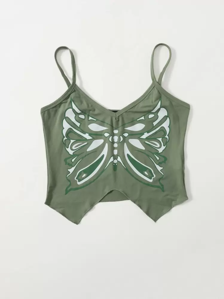 SHEIN ICON 90s Butterfly Print Crop Cami Top - Army Green - View 3
