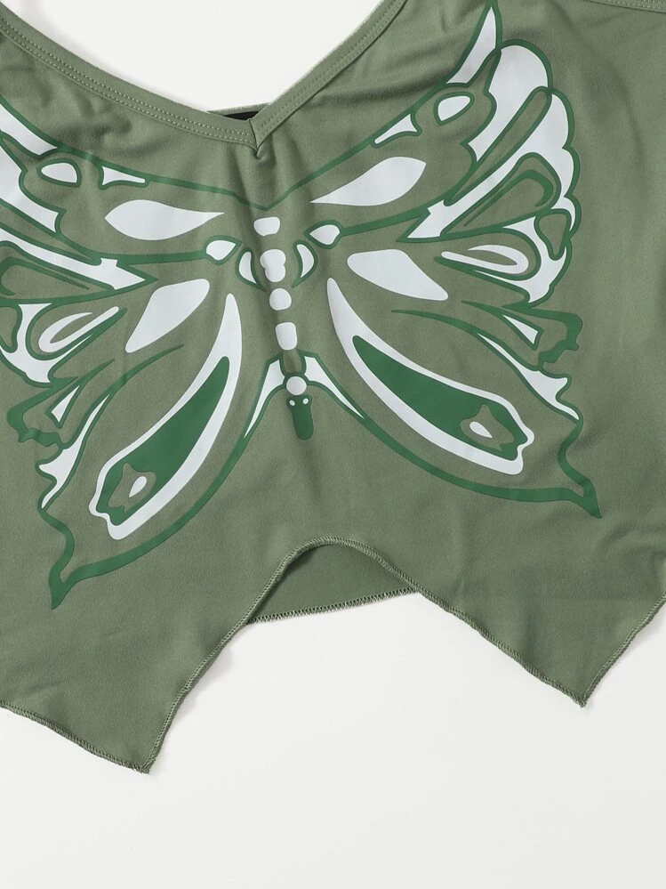 SHEIN ICON 90s Butterfly Print Crop Cami Top - Army Green - View 4