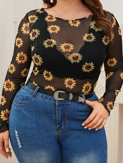 Top de malla fina floral sin sujetador - grande