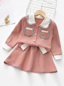 Toddler Girls Contrast Collar Pearls Button Jacket With Skirt - Red - View 1