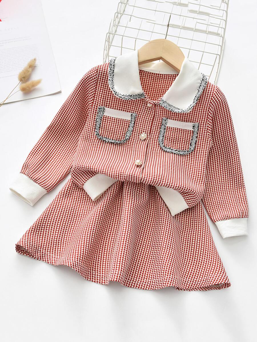Toddler Girls Contrast Collar Pearls Button Jacket With Skirt - Red - View 1
