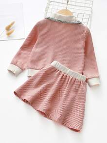 Toddler Girls Contrast Collar Pearls Button Jacket With Skirt - Red - View 2