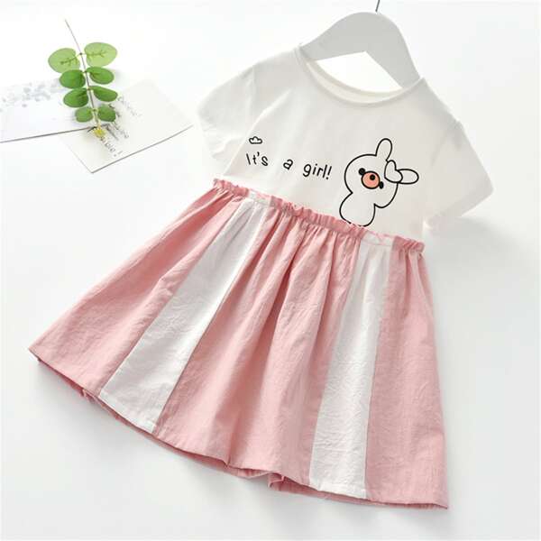 

Toddler Girls Slogan & Cartoon Graphic Frill Dress, Multicolor