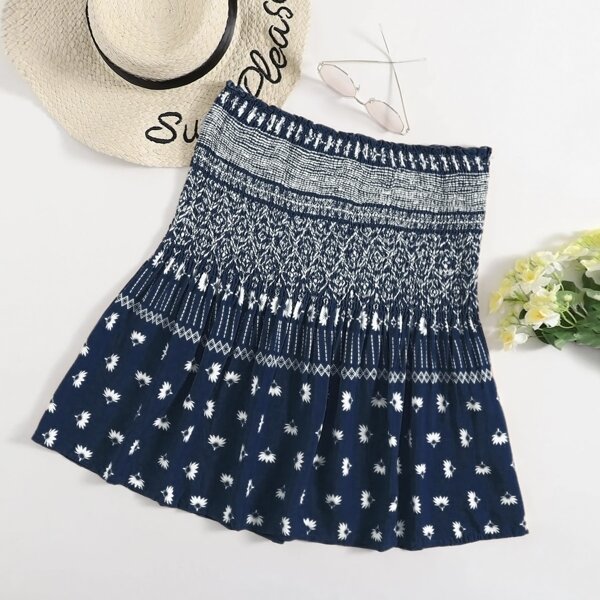 

Plus Floral Shirred Ruffle Hem Tube Top, Navy blue