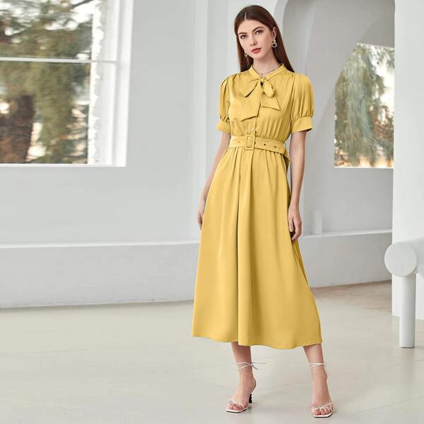 

Tie Neck Belted Shirt Dress, Yellow
