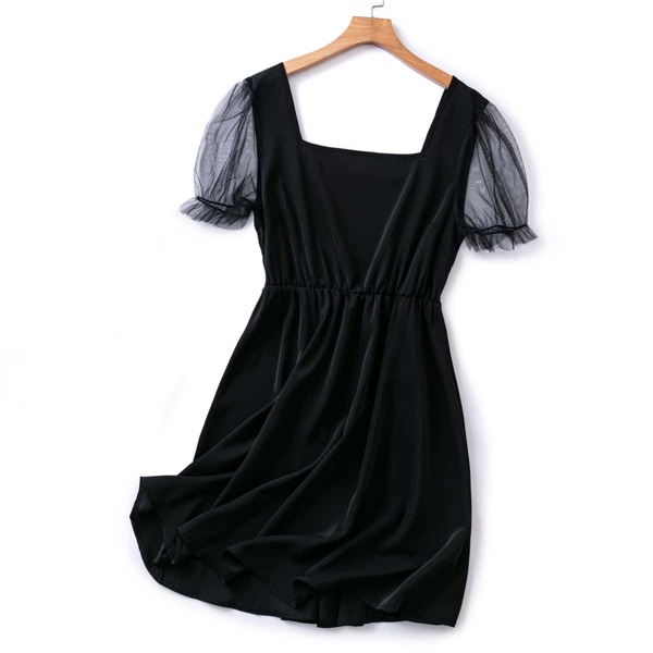 

Plus Contrast Mesh Sleeve A-line Dress, Black