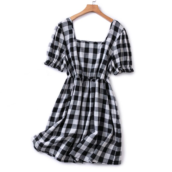 

Plus Gingham Puff Sleeve A-line Dress, Black and white