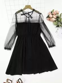 Đầm Plus Size Tương phản Mesh màu trơn Thanh lịch - màu đen - Xem 1