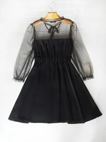 Đầm Plus Size Tương phản Mesh màu trơn Thanh lịch - màu đen - Xem 2