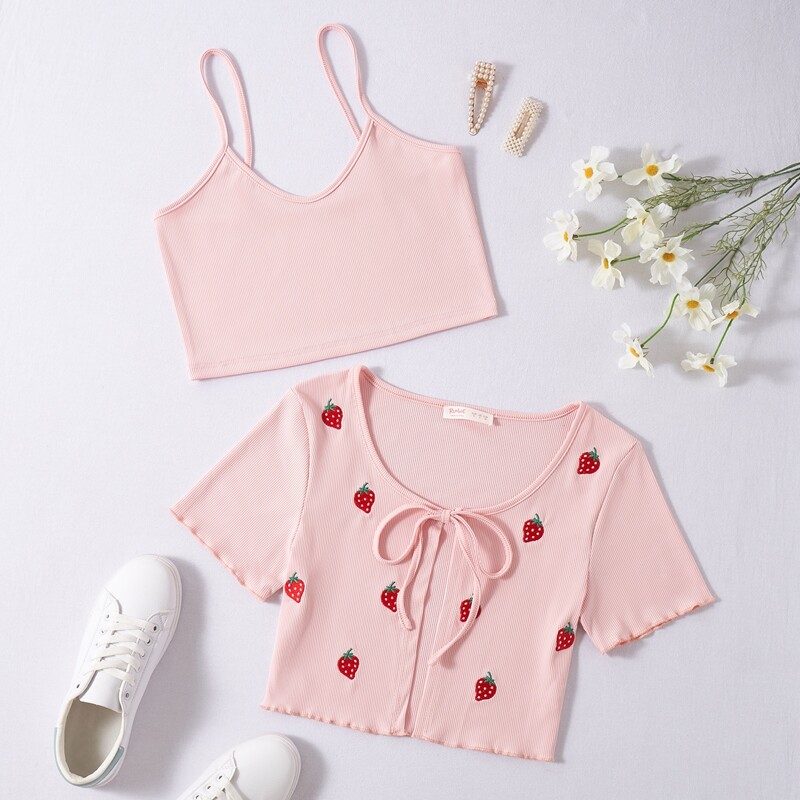 

Solid Crop Cami & Strawberry Embroidery Tie Front Top, Baby pink