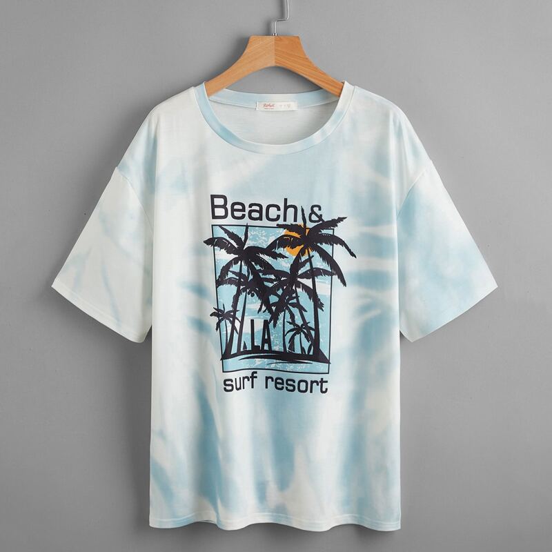 

Letter Coconut Tree Graphic Tie Dye Tee, Blue and white
