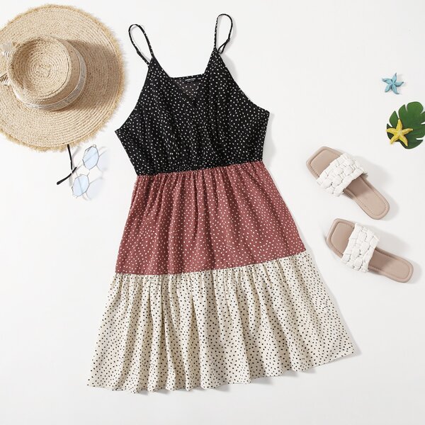 

Plus Color-block All Over Print Cami Dress, Multicolor