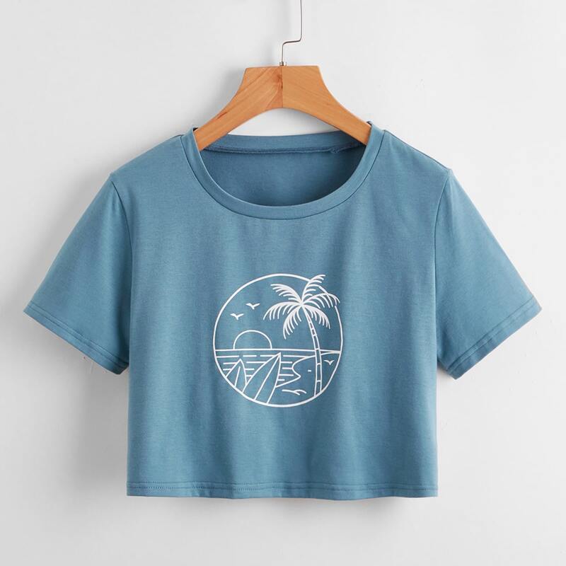 

Tropical Graphic Crop Tee, Blue