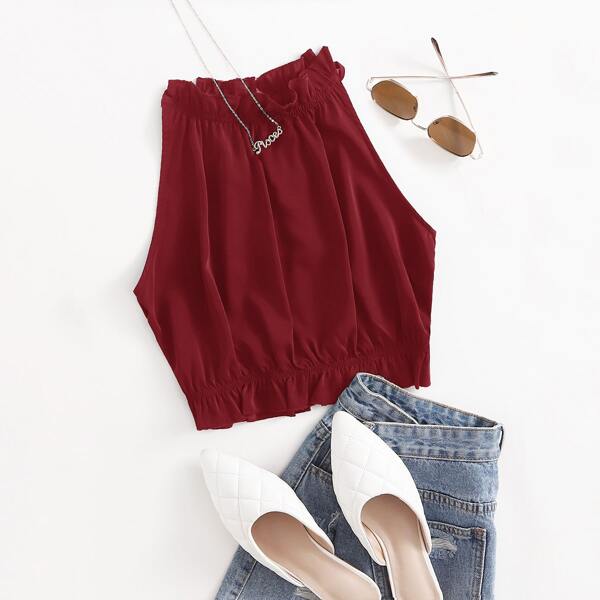 

Solid Ruffle Trim Halter Top, Red