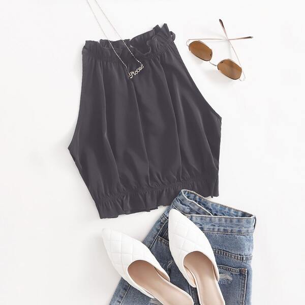 

Solid Ruffle Trim Halter Top, Dark grey