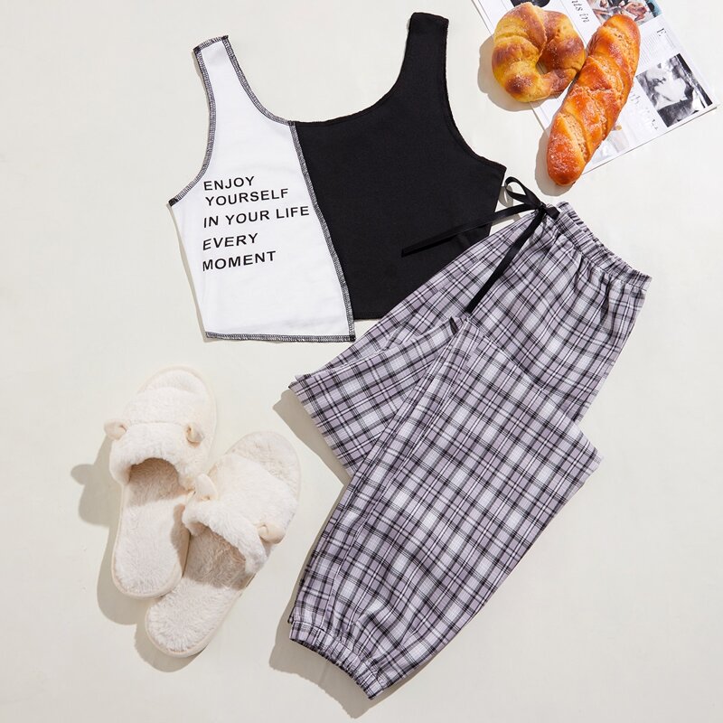 

Slogan & Tartan Print PJ Set, Multicolor